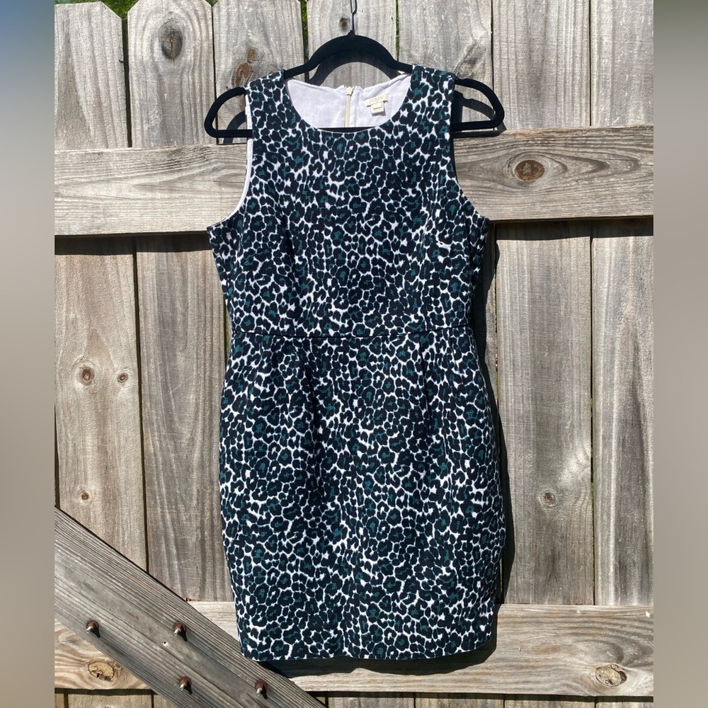 J Crew Black, Blue and White Leopard Print Dress - Size 8